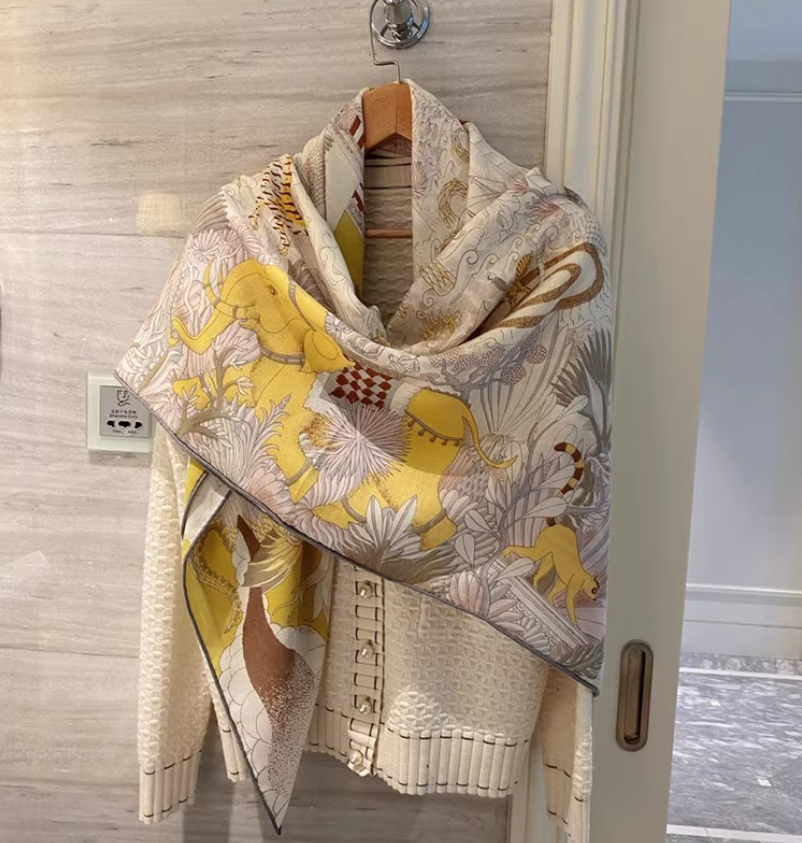 70% Cashmere 30% Silk Underwater Forest Print Square Wrap Shawl 52