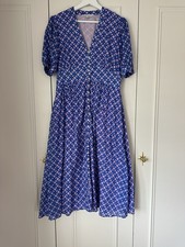 Boden blue pink geometric V-neck puff sleeve button front midi dress size 12 reg