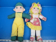 Vintage 11" Rag Doll Set Of 2 Boy In Yellow Overralls & Girl in Pink Dress AGGLO
