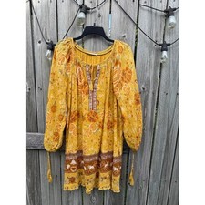 Boho Spell & The Gypsy Mini Dress Womens L Yellow Floral Lurex Peasant Unicorn