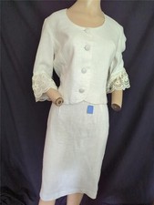 1950'S VTG. IVORY 2 PIECE SUIT EMBROIDERED TRIM METAL ZIPPER SKIRT-40" BUST-NOS