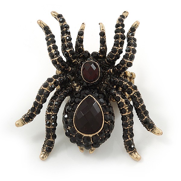 Oversized Black Crystal Spider Stretch Cocktail Ring (Antique Gold Tone) -