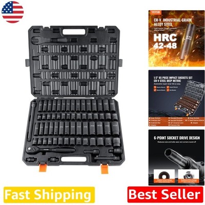 Rugged 1/2'' Drive 65pc Impact Socket Set Laser Etched Auto Repair Tool