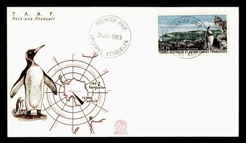DR WHO 1968 FRENCH ANTARCTIC FSAT FDC KERGUELEN PENGUIN AIRMAIL M76684