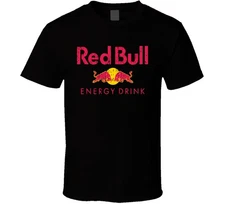 Red Bull Energy Drink Cool Caffeine Beverage Worn Look Sports Black T Shirt