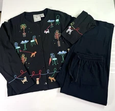 Michael Simon Lite Dog Embroidered Lounge Set Black 2 Pc Pajamas Large Novelty