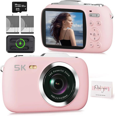 Digitalkamera, Selfie Mode, 5K 80MP UHD, 18 X Zoom, 32 GB SD, Pink