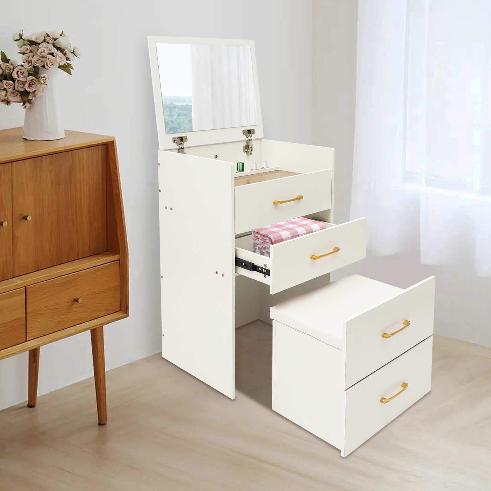 Makeup Desk with Mirror, Compact Dressing Table, Small Make Up Table White