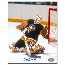 Denis Herron Pittsburgh Penguins GLOVE SAVE Autographed 8x10