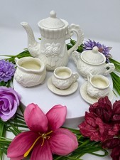 Miniature White Bisque Porcelain Tea Set 9 Pc Raised Rose Relief Teapot Cups