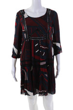 Ba&Sh Womens 3/4 Sleeve Scoop Neck Abstract Embroidered Dress Navy Red Size 1