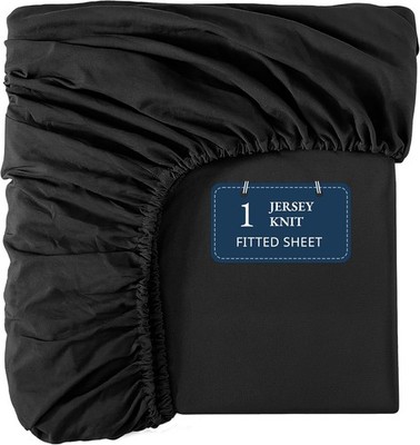 Lane Linen Queen Fitted Sheet Only - 4 Way Stretch Knitted Deep Queen, Black 