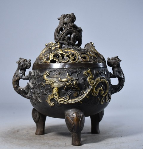 Collect old China copper handmade dragon ears statue incense burner decoration - Picture 7 of 9