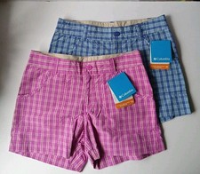 Lot of 2 Columbia Girls Shorts M UPF 30 Omni Shade Pink Blue Plaid NEW w/ Tags