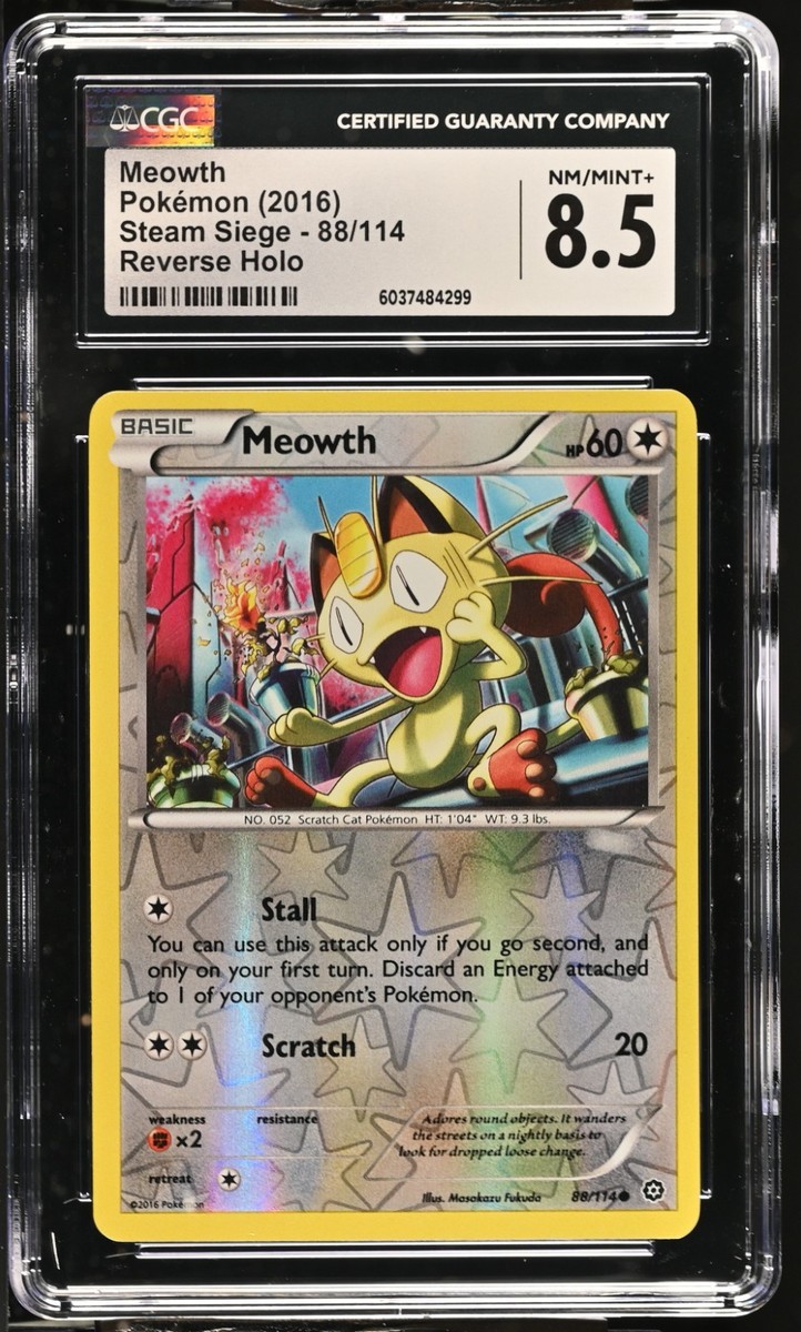 CGC 8.5 Meowth Reverse Holo 88/114 Steam Seige 2016 Pokemon Card