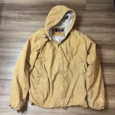 Mens Bass Creek Outfitters Tan Duck Canvas Work Coat Hooded Full Zip Lined Large