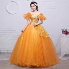 Golden Ball Gown Evening Dresses Appliques Tulle Prom Birthday Party Gowns
