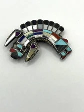 Vtg Zuni Margie Quinton Quam Sterling Inlay Rainbow Man Pendant/Brooch Signed