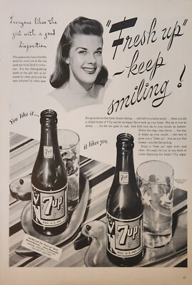 1945 7UP Soda Vintage Ad LIKES THE Girl with a Good despostion black white