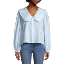 a.n.a $44 Diane V-Neck Peter Pan Collar Blue & White Striped Cotton Blouse NWT
