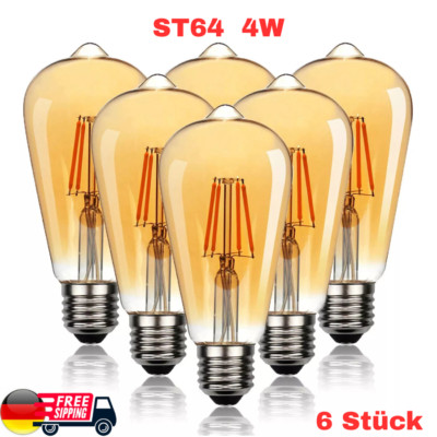 6Stk E27 LED Vintage Edison Lampe Filament Warmweiß ST64 4W Retro Leuchtmittel