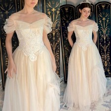 Vintage Fairy Tale Champagne Wedding Dress Pale Pastel Buttons Back Bridal Gowns