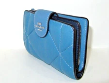 Coach New CM997 Light Mist Blue Puffy Leather Medium Corner Zip Wallet NWT $250