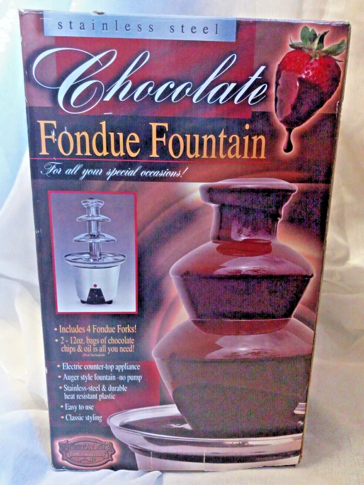 Chocolate Fondue Fountain 3-Tier Stainless Steel W/ Forks CFF955 Nostalgia