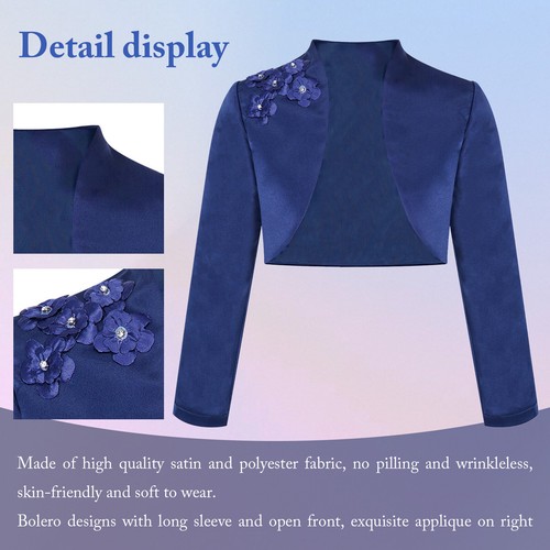 Kids Girls Satin Long Sleeve Bolero Shrug Jacket Cardigan Coat Wedding Party - Picture 16 of 69