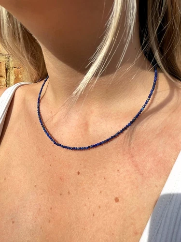 3 mm blau Lapis zarte Perlen Halskette Lapislazuli Kristall zierliche Halskette AAA - Bild 3 von 5