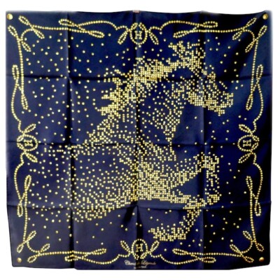 Hermes Scarf Stole Cheval de Legende Black Gold Silk Woman Auth