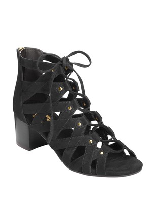 Aerosoles Middle Name Black Stacked Heel Gladiator Cutout Zip Back Sandals