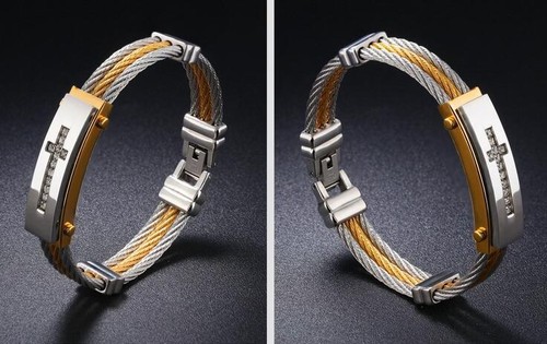 Mens Stainless Steel Twisted Cable Crystals Cross Bangle Bracelet Silver Gold - Picture 3 of 6