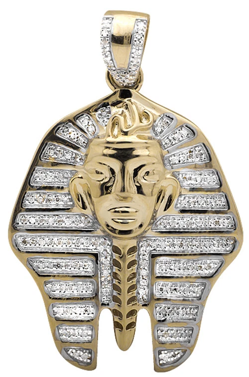 10K Yellow Gold Egyptian Pharaoh King Tut 1.5 Inch Diamond Pendant
