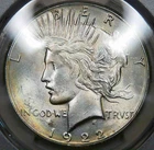 1922-S__MS64__Peace Silver Dollar__W/ Obverse Color Tone__PCGS, UNC Coin