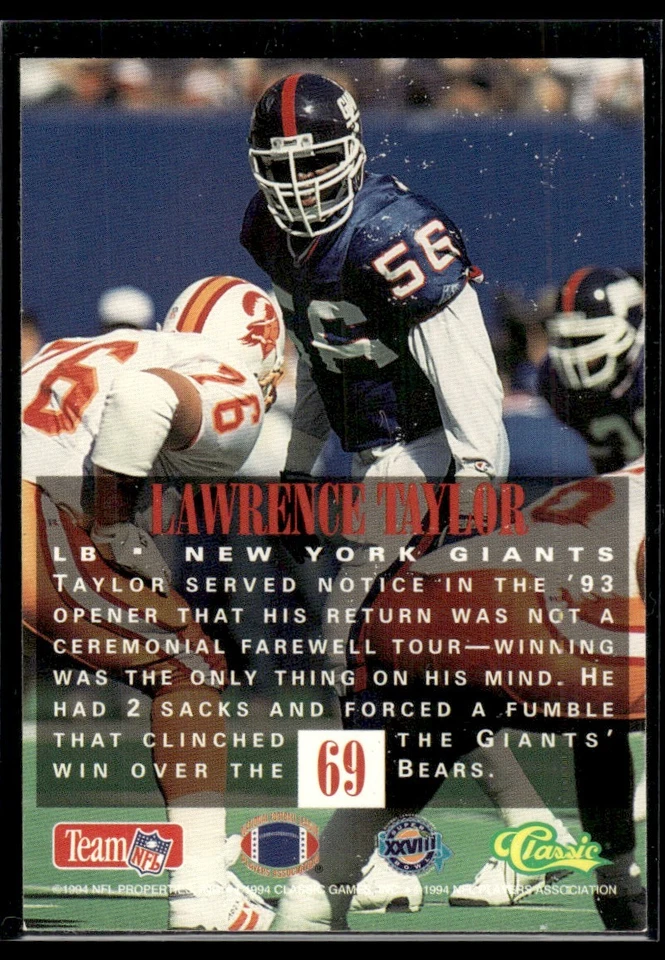 1994 Classic NFL Experience Lawrence Taylor New York Giants #69 - Image 2 of 2