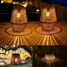 2 Pack 3-in-1 Solar Lanterns Outdoor Waterproof Rattan Woven Hanging Solar Light