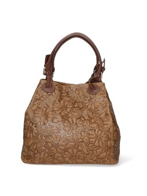 Elenia Handtasche Leder Blumen bedruckt - Doppelfach Reißverschluss Dark Taupe