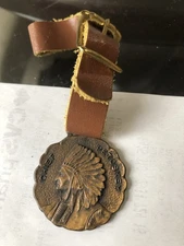 Vintage Brass Chief Petoskey Watch Fob With Leather Strap