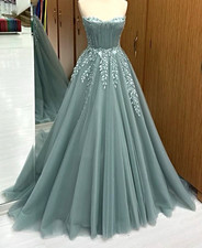 Damen Abendkleid lang trägerlos Tüll grün ...