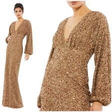 Mac Duggal NWT Brown Fully Sequined Puff Sleeve V Neck Gown Size 22 Long Sleeve