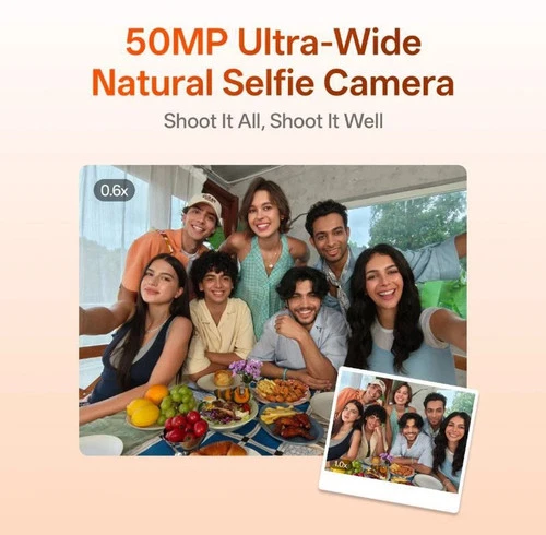OPPO F35 Pro 5G camera with 50MP ultra-wide lens, natural colors, and group selfie photo on tropical outdoor scene.