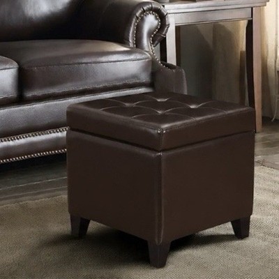 Adeco Bonded Leather Storage Ottoman Square Tufted Cube Footstool - Dark Brown