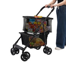 Folding Shopping Cart W/wheels Collapsible Cart With Storage Crate 2-layer Cart