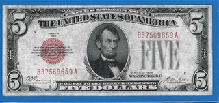 1928 $5 USN Legal Tender Note Red Seal Circ VF Nice!