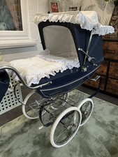 Silver Cross Navy & White Single Pram with Lace-Trim Bedding & Hood, From Birth