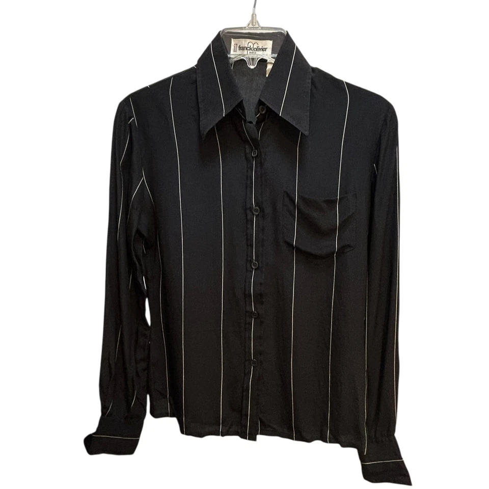 Blusa de seda Franck Olivier Paris años 70 francesa talla 40 negro blanco cuello a rayas Foto 2 de 4