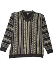 VINTAGE Mens V-Neck Jumper Sweater Medium Black Geometric CI01