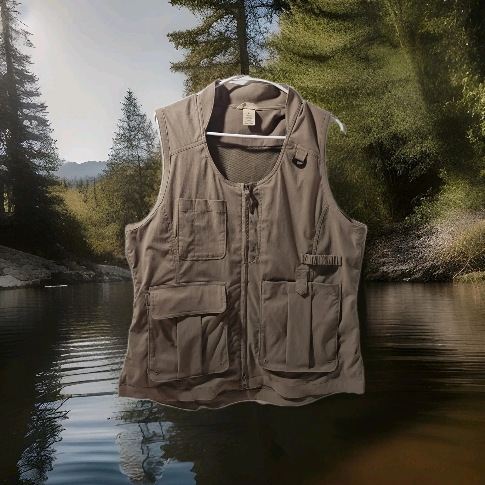 Duluth Trading Sleeveless Utility Cargo Vest Fishing Ripstop Khaki Men's Large