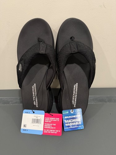 Skechers Women’s Premium Cushion Luxe Foam Black Flip Flops 179316S NWT Size 9